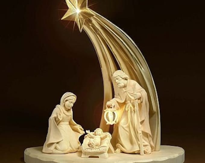 Nativity scene carved in Valgardena wood and decorated by hand with light, various sizes, Italian artisan production