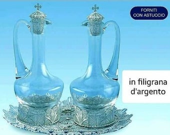 Liturgical ampoles with tray for Eucharistic celebration made of glass and silver filigree 800‰ Italian artisan production