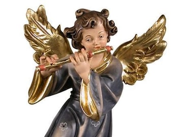 Angel of Salzburg with flute, to hang carved in Valgardena wood and hand-decorated by Hand of Italian artisan production