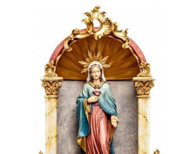 Statue of the Sacred Heart of Mary in a baroque home altar, carved in Valgardena wood of Italian production