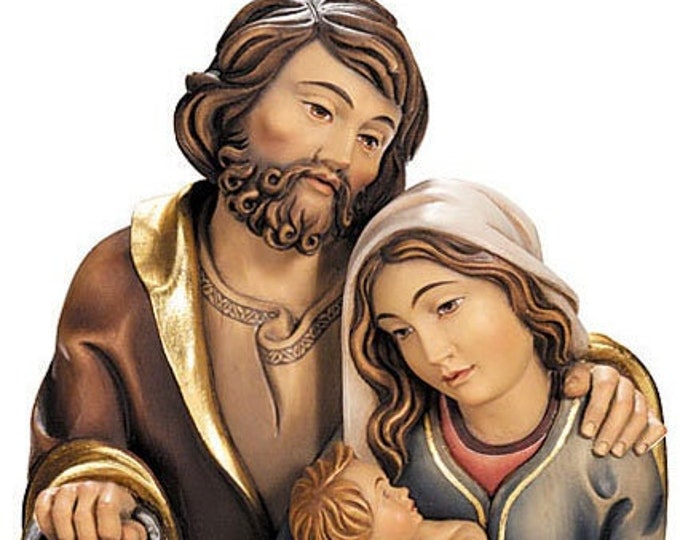 Sculpture of the Holy Family to hang carved in wood of Valgardena decorated by hand of Italian artisan production