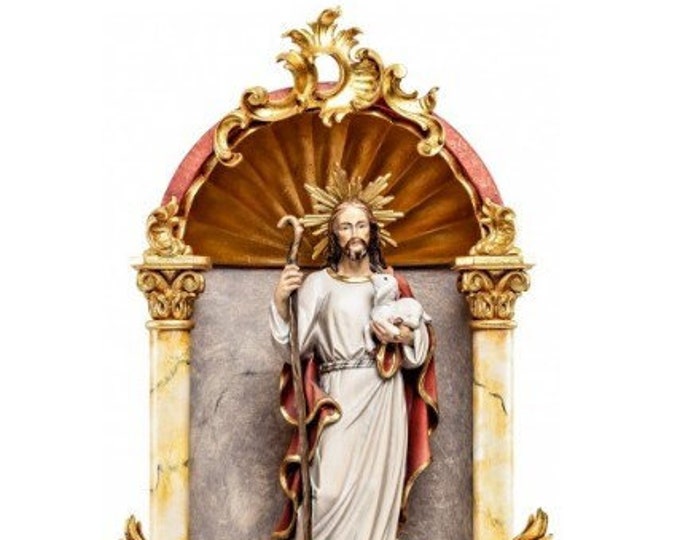 Statue of Jesus the Good Shepherd, in a baroque home altar, carved in Valgardena wood of Italian production
