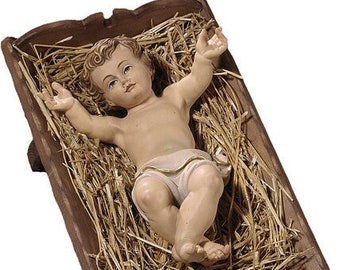 Sculpture statue of baby Jesus with cradle, carved in Valgardena wood and hand decorated, Italian artisan production