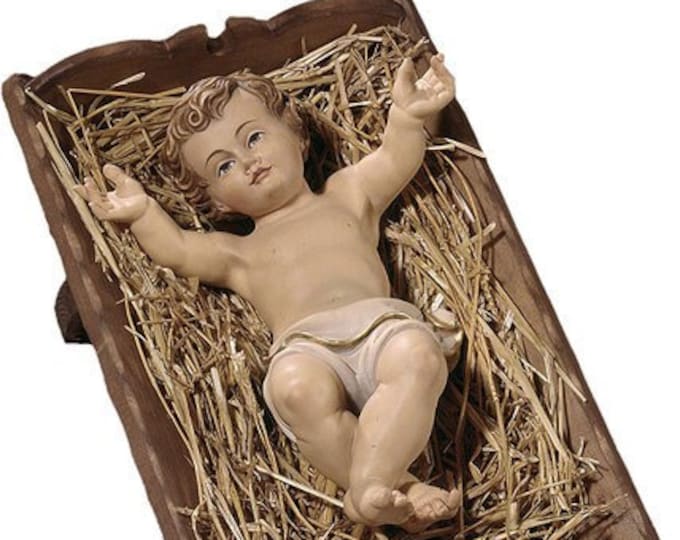 Sculpture statue of baby Jesus with cradle, carved in Valgardena wood and hand decorated, Italian artisan production