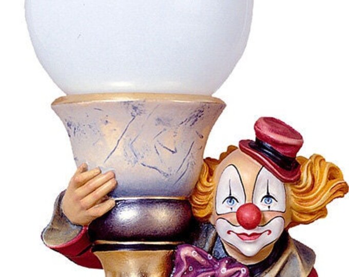 Clown lamp sculpture carved in Valgardena wood and decorated by hand, of Italian artisan production