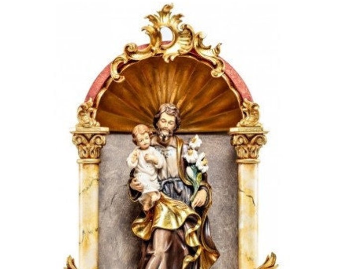 Statue of Saint Joseph with baby Jesus, in a baroque home altar, carved in Valgardena wood of Italian production