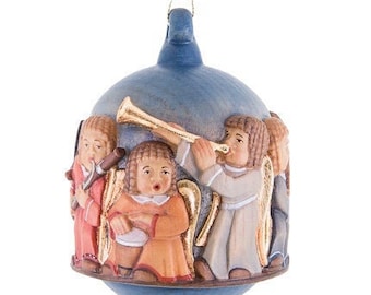Christmas decoration ball angels musicians in relief, carved in hand-decorated Valgardena wood, Italian handicraft production
