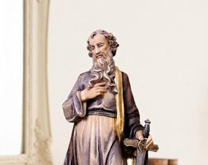 Statue of St. Paul carved from Valgardena wood and hand-decorated, handcrafted in Italy.