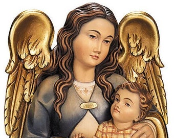 Sculpture of the Guardian Angel to hang carved in valgardena wood decorated by hand of Italian artisan production