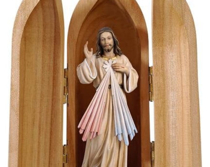 Statue of Merciful Jesus with niche, carved in wood from Val Gardena and hand decorated of Italian artisan production