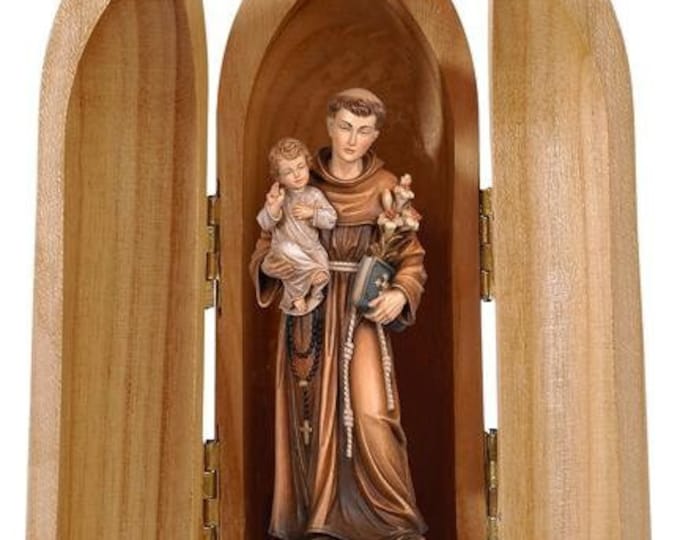 Statue of St. Anthony of Padua with niche, carved in Val Gardena wood and hand decorated of Italian artisan production