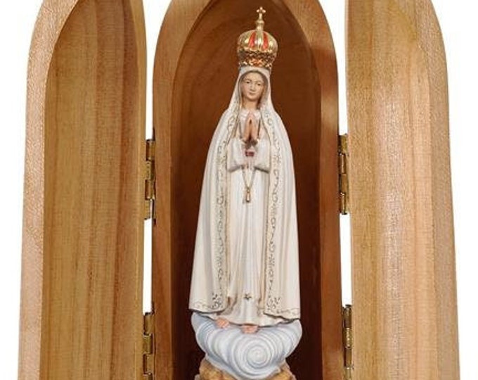 Statue of Our Lady of Fatima with niche, carved in Valgardena wood, hand decorated, made in Italy