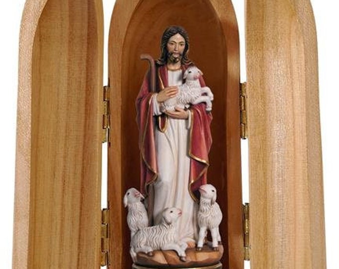 Statue of Jesus the Good Shepherd with niche, carved in valgardena wood decorated by hand of Italian production