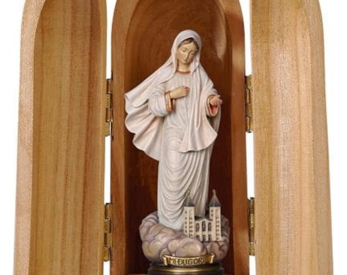 Statue of Our Lady of Medjugorje with niche church, carved in Valgardena wood decorated by hand of Italian production