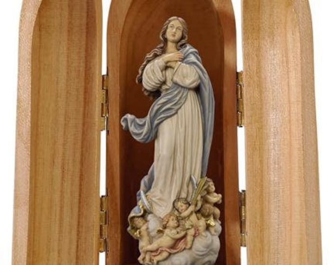 Statue of Our Lady Immaculate Conception with niche, carved in hand-decorated Valgardena wood of Italian production
