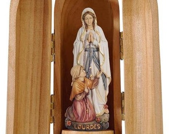 Statue of Our Lady of Lourdes and Bernadette with niche, carved in valgardena wood decorated by hand of Italian production