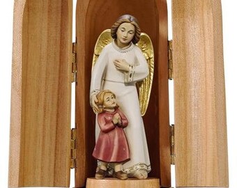 Guardian angel statue with little girl with niche, carved in Valgardena wood, hand-decorated, made in Italy