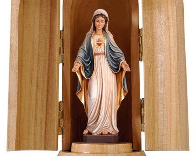 Statue of the Sacred Heart of Mary with niche, carved in valgardena wood decorated by hand of Italian production