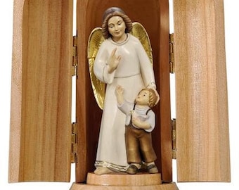Guardian angel statue with child with niche, carved in Valgardena wood, hand decorated, Italian production