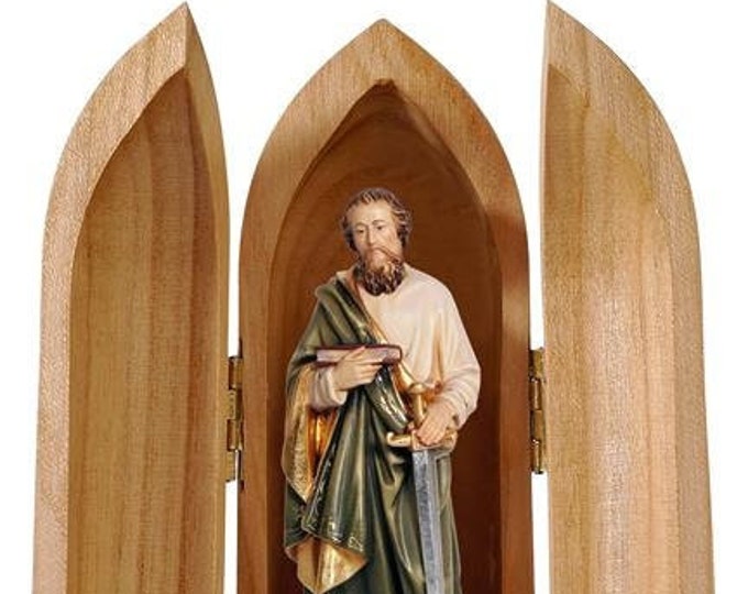 Statue of St. Paul with niche, carved in Valgardena wood and hand-decorated with Italian handicraft production