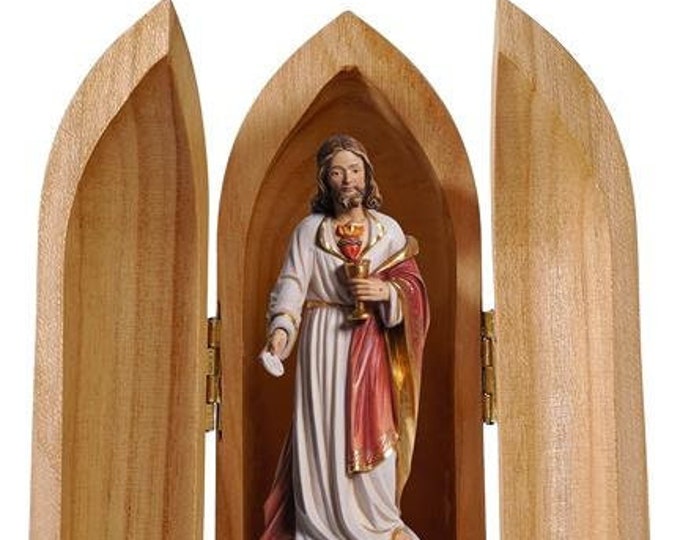 Statue of the Sacred Heart of Jesus with particle with niche, carved in valgardena wood decorated by hand of Italian production