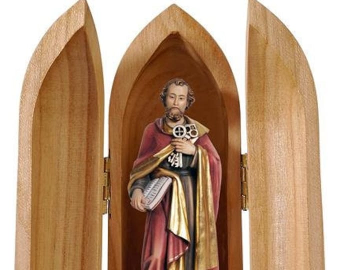 Statue of St. Peter with niche, carved in valgardena wood and hand-decorated with Italian handicraft production