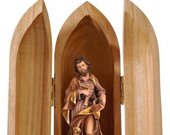 Statue of St. Joseph the Worker with niche, carved in Valgardena wood and hand-decorated with Italian artisan production