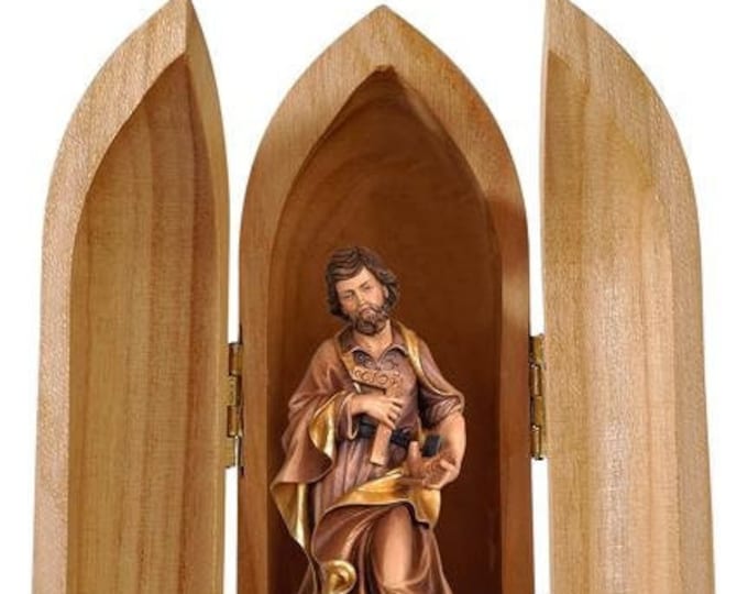 Statue of St. Joseph the Worker with niche, carved in Valgardena wood and hand-decorated with Italian artisan production