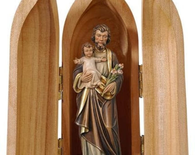 Statue of St. Joseph with child in niche, carved in valgardena wood and hand-decorated with Italian artisan production