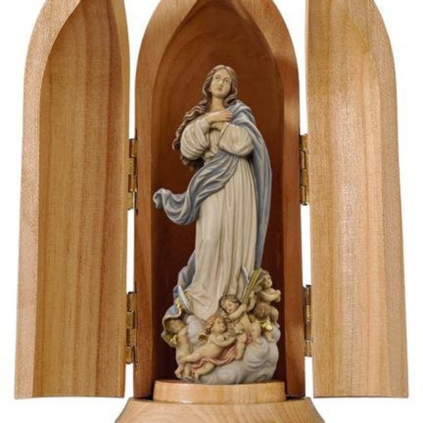 Statue de Notre-Dame Immaculée Conception avec niche, sculptée dans du bois Valgardena décoré à la main de production italienne