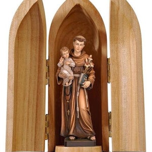 Statue of St. Anthony of Padua with niche, carved in Val Gardena wood and hand decorated of Italian artisan production