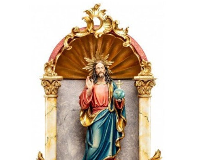 Statue of Jesus Salvador Mundi, in a baroque home altar, carved in Valgardena wood of Italian production