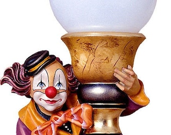 Clown lamp sculpture carved in Valgardena wood and decorated by hand, of Italian artisan production