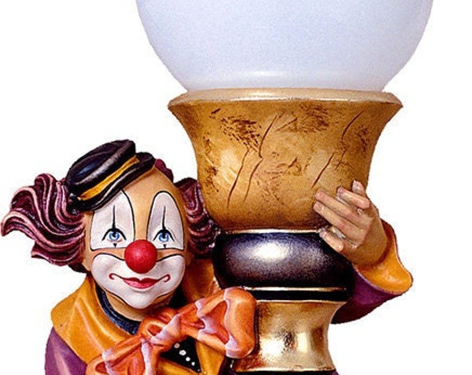 Clown lamp sculpture carved in Valgardena wood and decorated by hand, of Italian artisan production