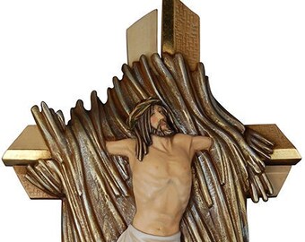 Crucifix cross Christ in storm, carved in Valgardena wood and decorated by hand, various sizes, handcrafted in Italy
