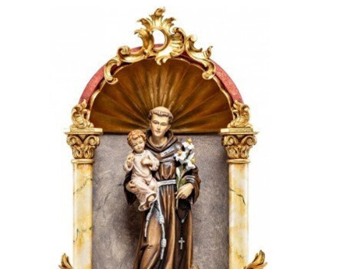 Statue of Saint Anthony of Padua, in a baroque domestic altar, carved in Italian-made Valgardena wood