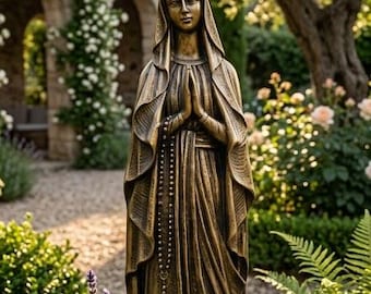 Statue de Notre-Dame de Lourdes de 42 cm (16,53 pouces) en résine avec décor en bronze, fabriquée artisanalement en Italie