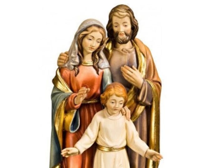 Sculpture statue of the Holy Family, carved in hand-decorated Valgardena wood root, Italian artisan production