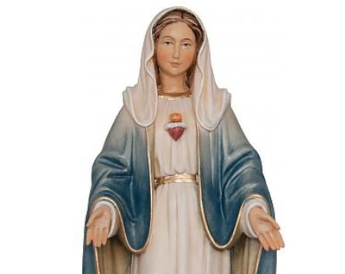 Madonna delle Grazie statue with immaculate heart carved in Valgardena wood and hand-decorated, of Italian artisan production