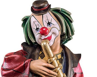 Statue de saxophoniste clown sculptée en bois de Valgardena et décorée à la main, de production artisanale italienne