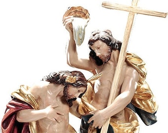Sculpture of the baptism of Jesus, carved in wood from Valgardena and decorated by hand of Italian artisan production