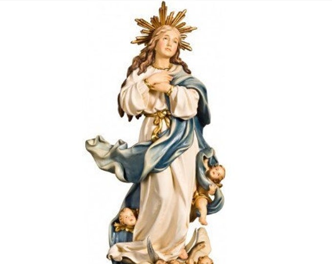 Statue of the Immaculate Conception, Assumption of the Virgin Mary carved in Valgardena wood and hand-decorated, Italian artisan production