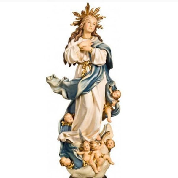 Statua Madonna Immacolata Concezione, Assunzione scolpita in legno della Valgardena e decorata a mano di produzione artigianale italiana