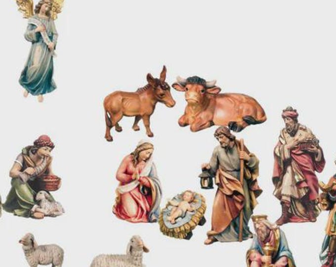 Complete nativity scene with 14 figurines carved in Valgardena wood, made in Italy, various sizes available