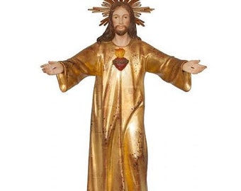 Welcoming statue of the Sacred Heart of Jesus Risen, carved in Valgardena wood and hand decorated, Italian artisan production