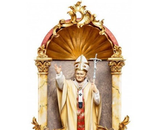 Statue of Saint Pope John Paul II, in a baroque home altar, carved in Valgardena wood of Italian production