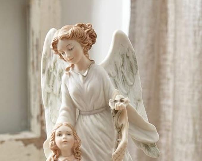 Guardian angel with little girl 22 cm (8.66 inches) made of alabaster powder, wooden base, hand decorated, made in Italy