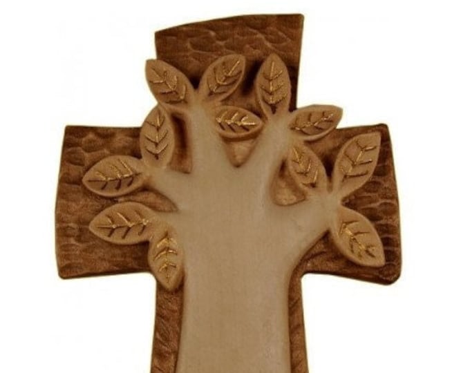 Tree of Life cross crucifix, carved in Valgardena wood and decorated by hand, various sizes, of Italian artisan production
