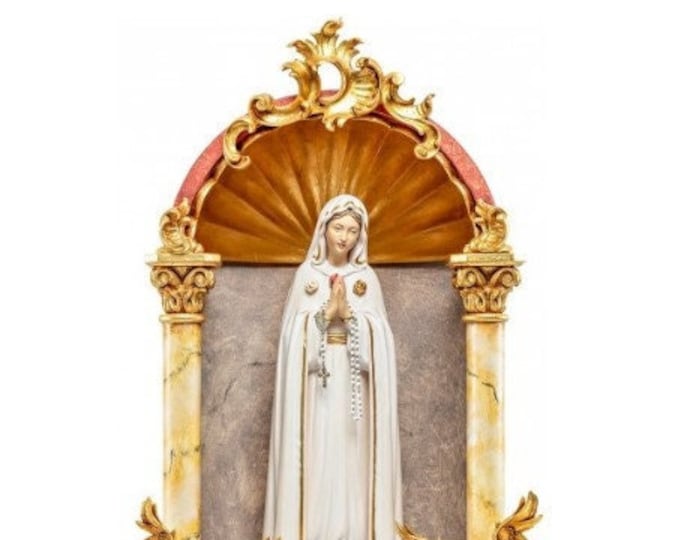 Statue of the Madonna Maria Rosa Mystica in a baroque home altar, carved in Italian-made Valgardena wood