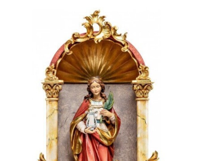 Statue of Saint Cecilia, in a baroque domestic altar, carved in Italian-made Valgardena wood